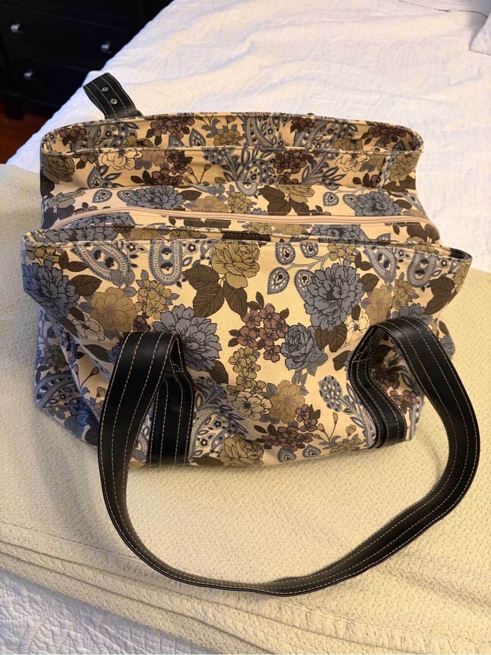 Vintage Floral Duffel Bag with Black Handles